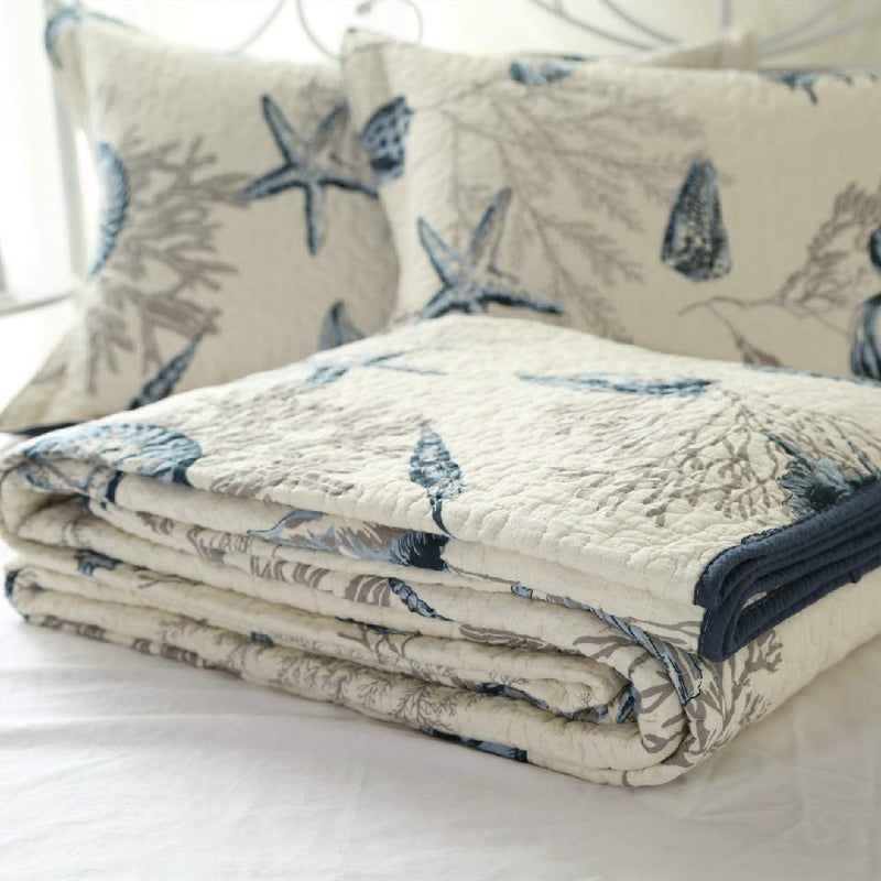 ABREEZE Nautical Theme Quilt Set with Shams Cotton Beach Bedspreads King Coastal Navy Coverlet, Sea Shell Conch Coral Starfish Oversized Quilt - Image 5